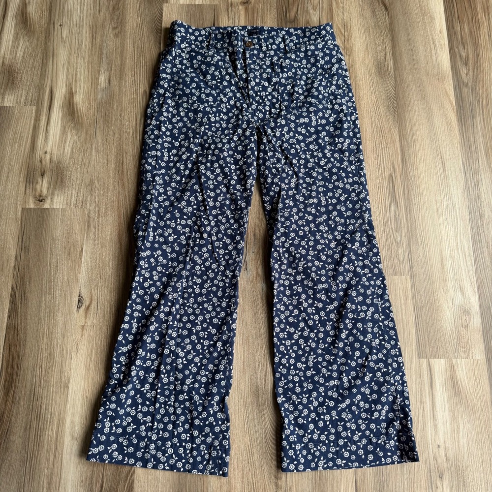 J.Crew Navy‎ Blue Daisy Floral Cotton Linen Wide Leg Pants Size 32 High Rise